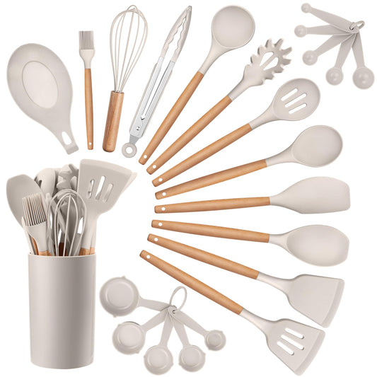 HaWare Kitchen Cooking Utensils Set, 23-Piece Silicone Kitchen Utensils Spatula Set with Holder, Heat Resistant Wooden Handle Kitchen Gadget for Nonstick Cookware, Food-grade Turner Spoon Sets (Khaki)