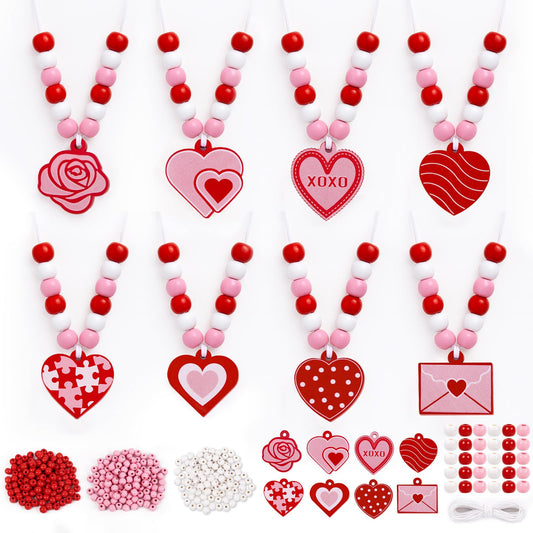 Eternity sky 32 Pcs Valentine's Day Crafts Wooden Heart DIY Beads Necklace Making Kit for Adults Gifts Party Supplies