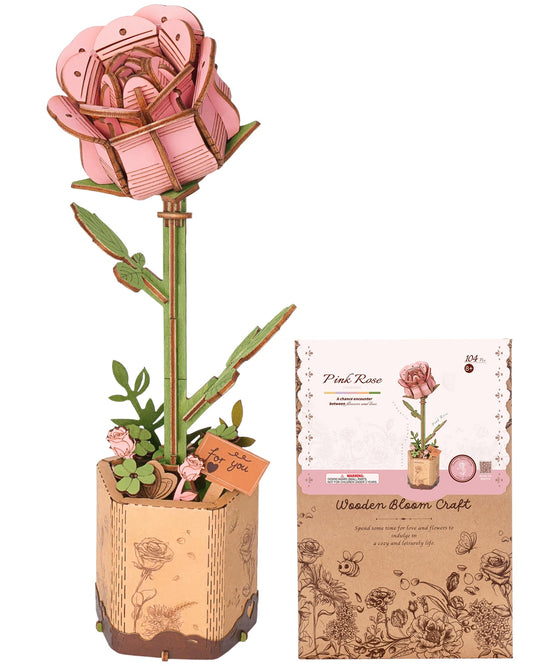 ROBOTIME 3D Wooden Flower, Pink Rose TW041 DIY Craft Kit for Adults, Artificial Floral Decor for Table, Centerpiece, Gift for Women