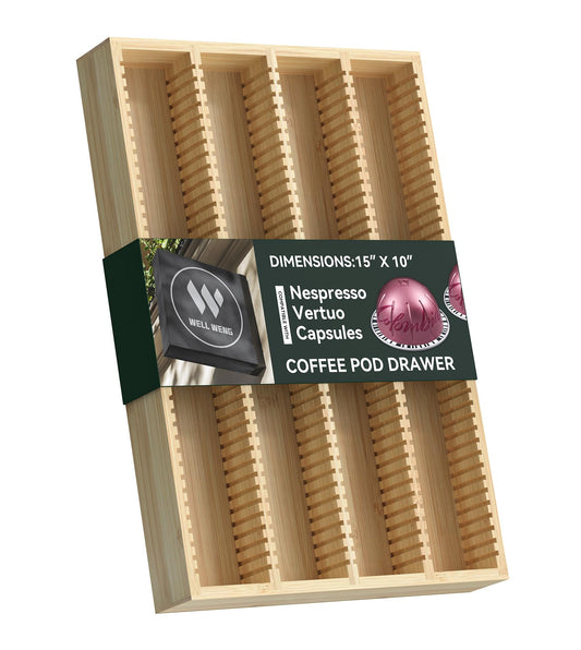 WELL WENG for Nespresso Vertuo Capsules - Premium Bamboo Coffee Pod Drawer Insert Organizer for Counter 15"Dx10"Wx1.5"H (40 Big or 52 Small pods)