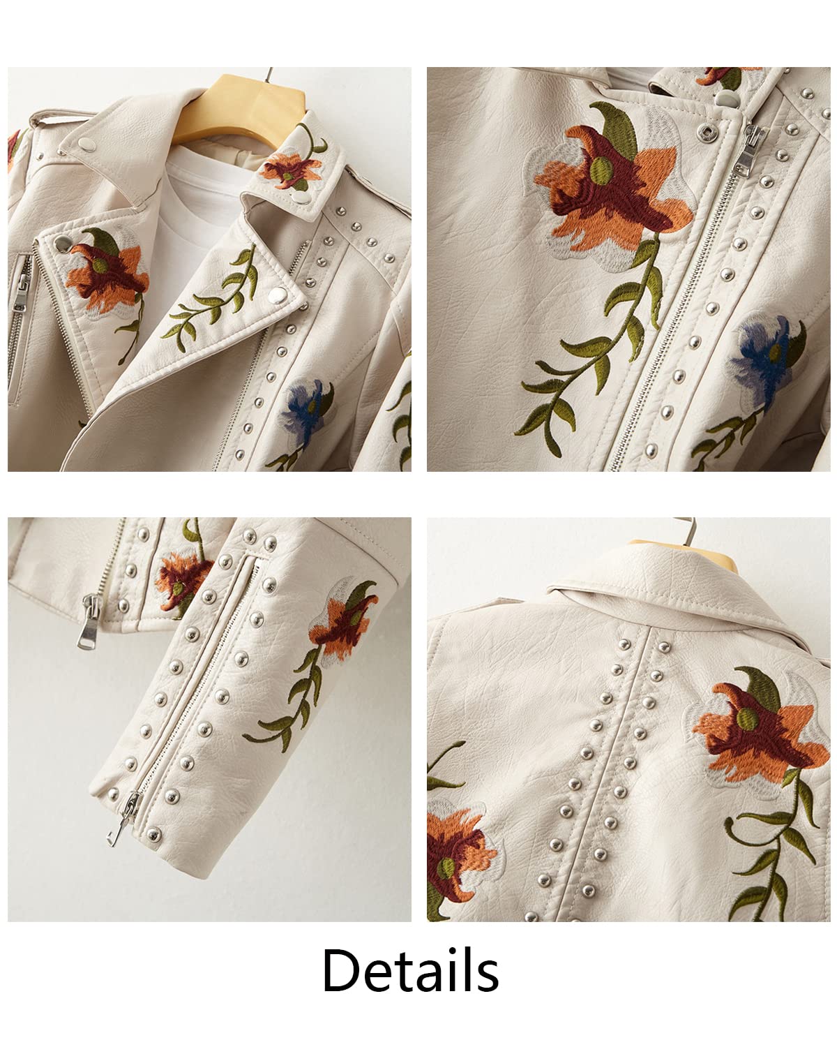 YILANUOYI Women's Embroidered Studded Faux Leather Jacket Moto Punk Jacket Floral Coat (M, XHPY Beige)