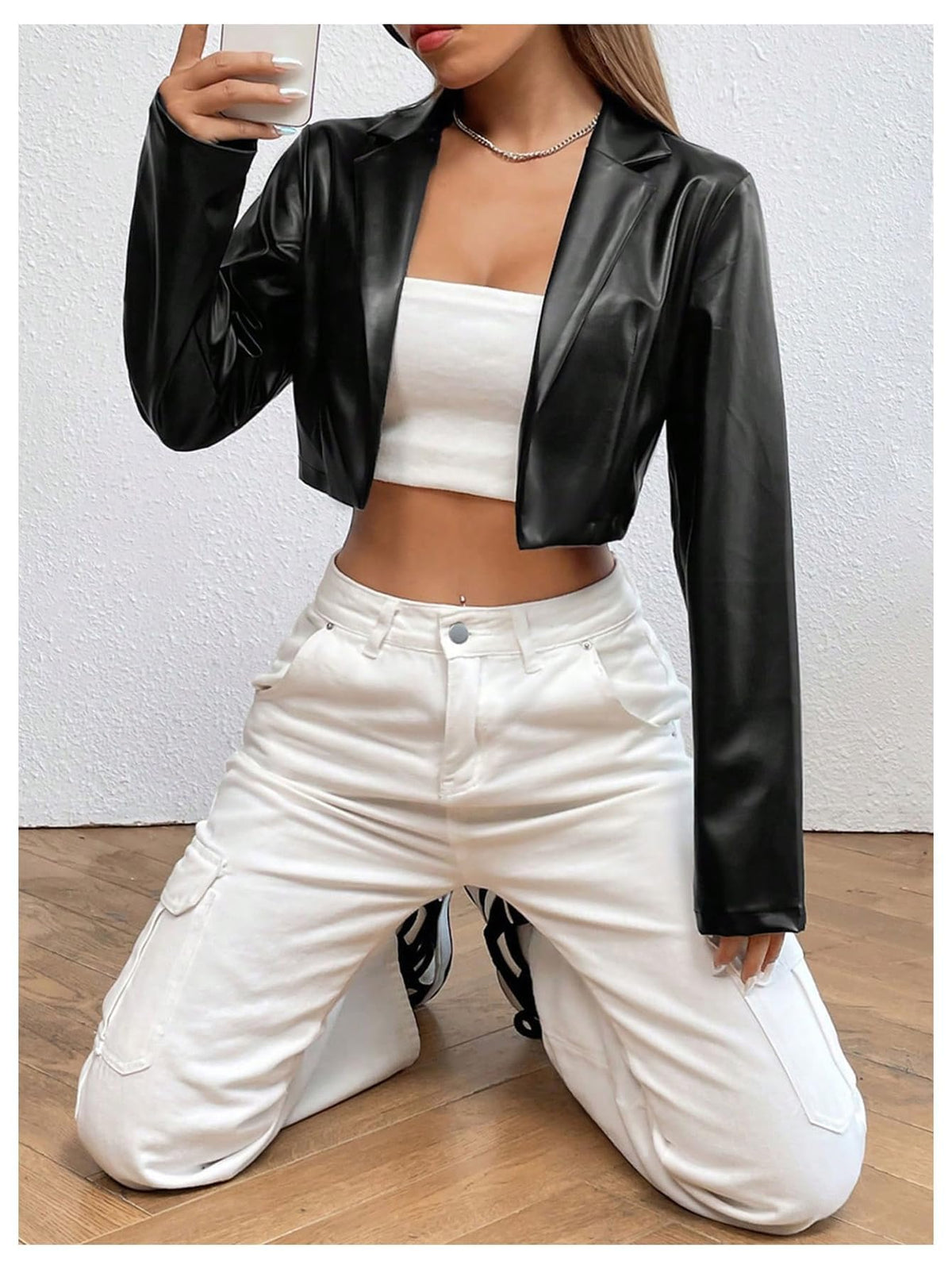GORGLITTER Women's Cropped Faux Leather Jacket Y2k Long Sleeve Open Front Cardigan Bomber Moto Biker Jackets Rave Outfits Black Small