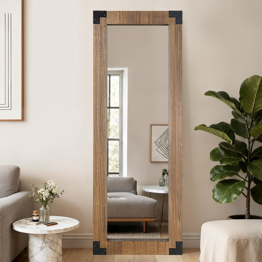 LXWZHK 65x24 Inch Full Length Mirror, Wooden Frame Full Body Standing Mirror with Metal Decorative, Light Walunt
