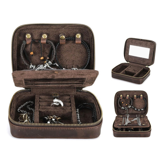 CONTACTS Full Grain Leather Jewelry Box for Men Travel Jewelry Organizer by Handmade Zipper Jewelry Cufflinks Ring Necklace Bracelet Storage Case with Mirror, Rectangular+mirror, Coffee