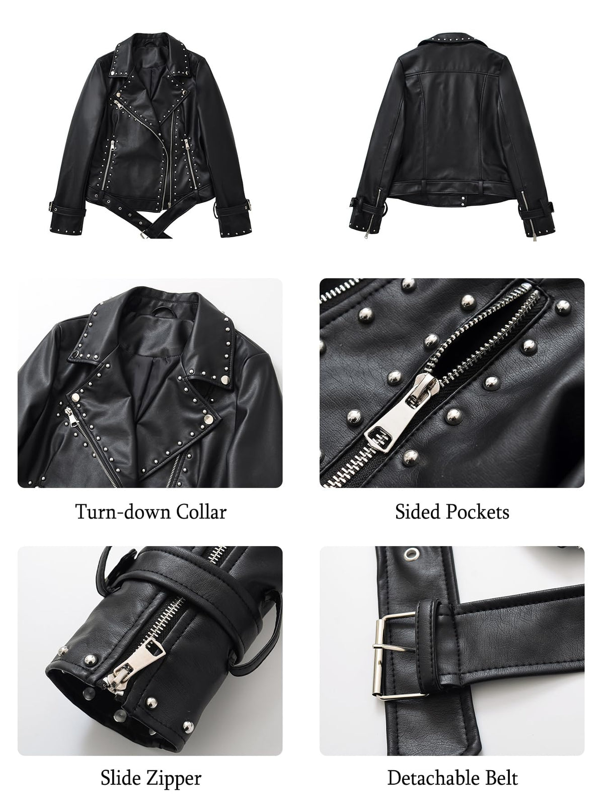 LY VAREY LIN Studded Faux Leather Moto Jacket Women Black PU Biker Coat with Rivets Punk Style