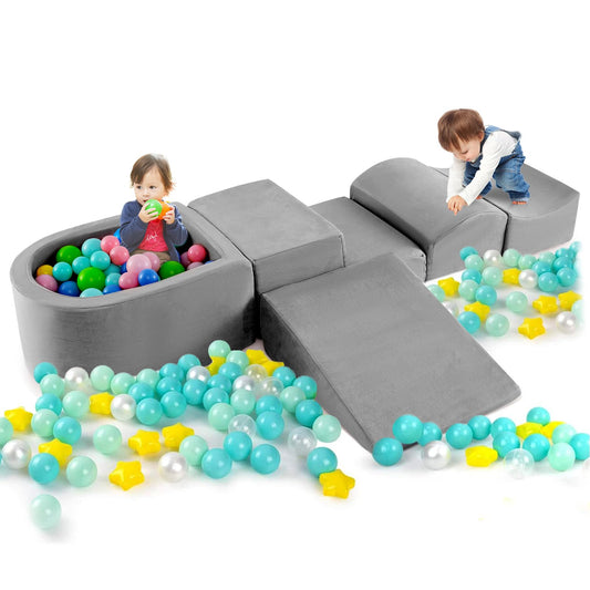 Costzon Toddler Climbing Toys Indoor, 5 Pieces Foam Climb and Crawl Playset w/Kids Ball Pit & Detachable Machine-Washable Covers for Playroom Children Room, Soft Play Climbing for Toddlers (Gray)