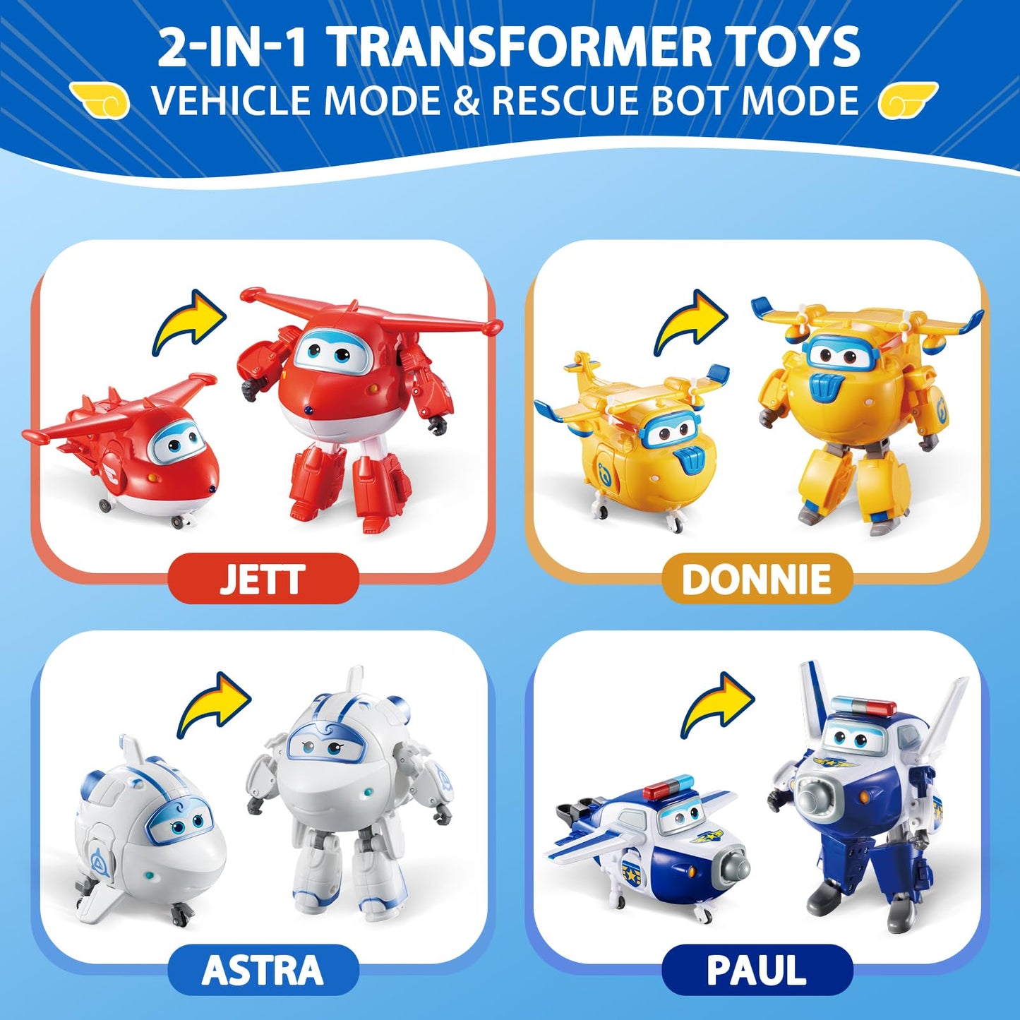 Super Wings 5" Transformable Toys 4-Pack Action Figure Tobot, Transforming Airplane Robot Toys for Boys & Girls Age 3+, Gifts for Preschool Kids, Jett, Paul, Donnie, Astra