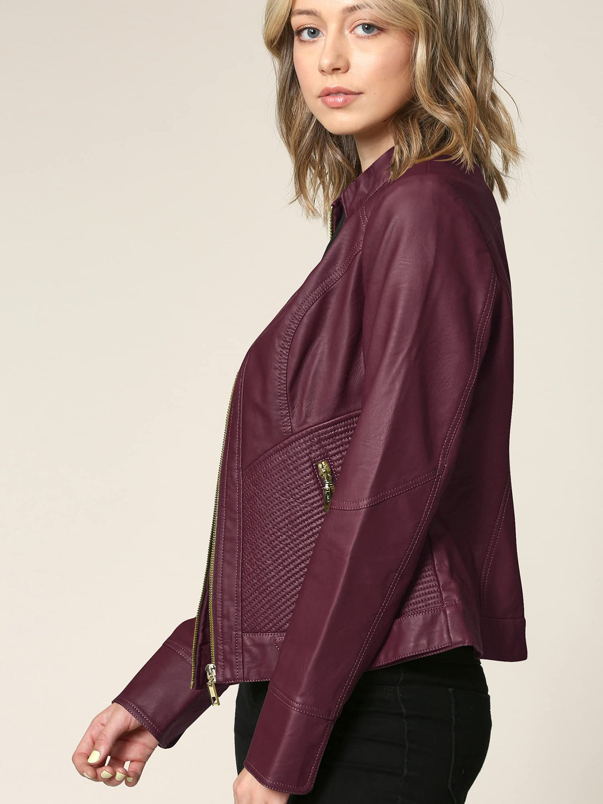 Lock and Love LL WJC747A Womens Dressy Vegan Leather Biker Jacket XS Wine