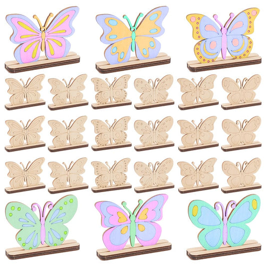 FINGERINSPIRE 24 Sets Wooden Butterfly Painting Set 6 Styles Moccasin Color Natural Wood Texture Unfinished Wood Butterflies with Bases DIY Crafts Display for Home Decoration Creative Paint Projects