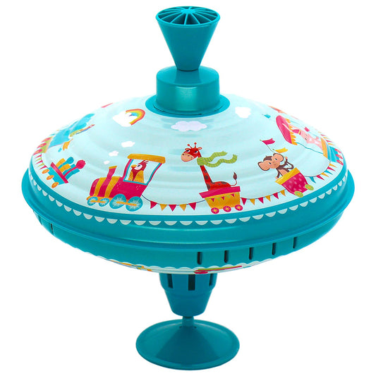 Beeqoo Humming Top Tin Spinning Top for Baby 18 Months and up, Classic Retro Toys for Toddler, Pump Spinner with Base, Parade Fun 7.9” Large Size