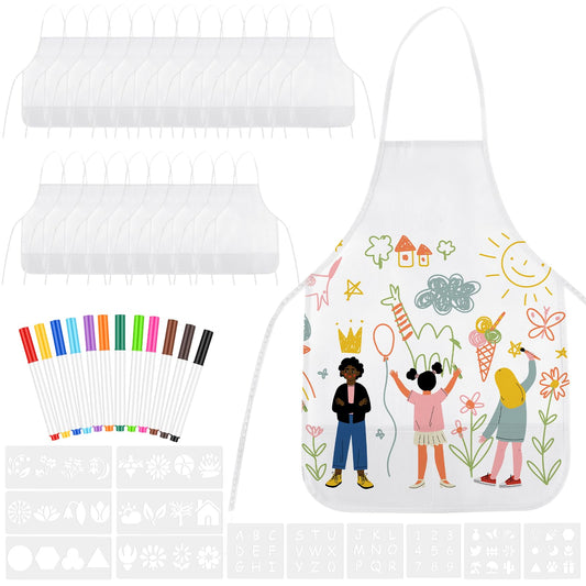 Morcheiong 24Pcs DIY Kid Aprons Set, Kids Painting Aprons with Colored Pen and Crafts Template for Handmade Craftsmanship Art Painting