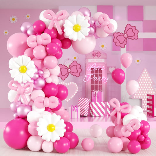 139pcs Pink Cartoon Cat Balloon Garland Arch Kit, Hot Pink White Long Balloons with 15inch Flower Foil Balloons for Cat Themed Birthday Baby Shower Party Decorations