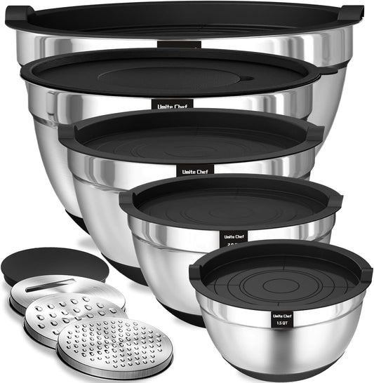 Umite Chef Mixing Bowls - 8PCS Stainless Steel Set with Airtight Lids & Non-Slip Bottoms | Black, 1.5QT to 5QT