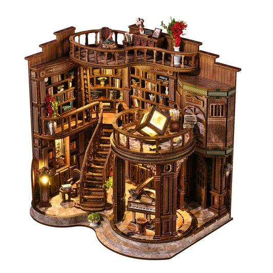 Kubelyx Library Book Nook Kit - DIY Miniature House Kit & Dollhouse Craft for Adults and Teens, 3D Wooden Puzzle with LED Light, Tiny Bookshelf Decor, Gifts for Family and Friends (Fantasy Library)