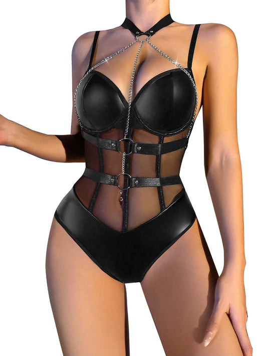 Lilosy Sexy Crisscross Choker Leather Pu Underwire Babydoll Women Harness Teddy Bodysuit Nightshirt One Piece Push Up Mesh Sheer Nightgown Chain Black Large