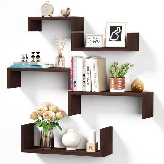 SRIWATANA Floating Shelves for Wall, Wall Shelves for Bathroom, Bedroom, Living Room, Kitchen, Office, Wood Shelves for Home Decor Set of 5 (Dark Walnut)