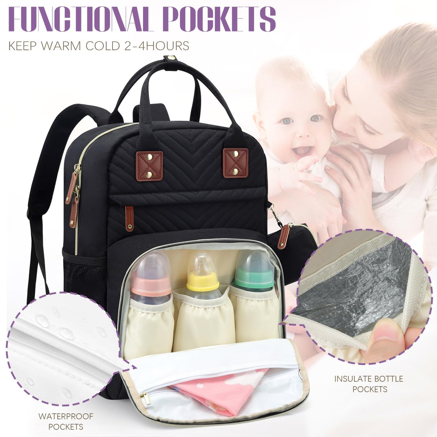 Tuwubi Diaper Bag Backpack, Baby Essentials Travel Tote Bag, Multi function Waterproof Backpacks, Travel Essentials with Stroller Straps & Pacifier Case - Black