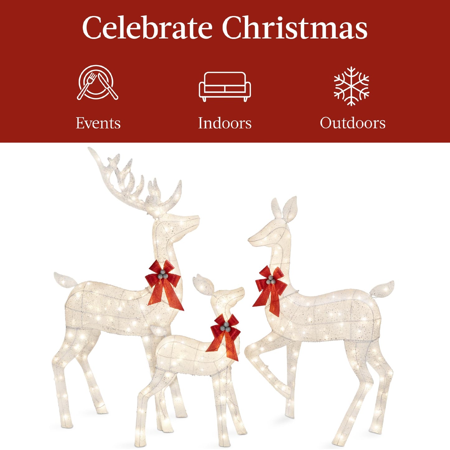 Best Choice Products 3-Piece Large Lighted Christmas Deer Family Set 5Ft Outdoor Yard Decoration with 360 LED Lights, Stakes, Zip Ties - White