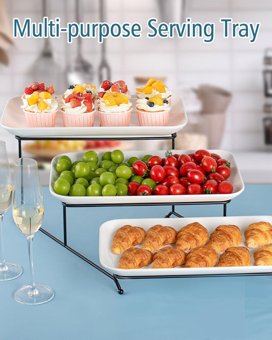 DELLING 3 Tier Serving Tray Set 16 Inch, Large Porcelain Tiered Platters with Collapsible Stand - Serving Dishes for Entertaining Dessert Table Party, Easy Assembly, White