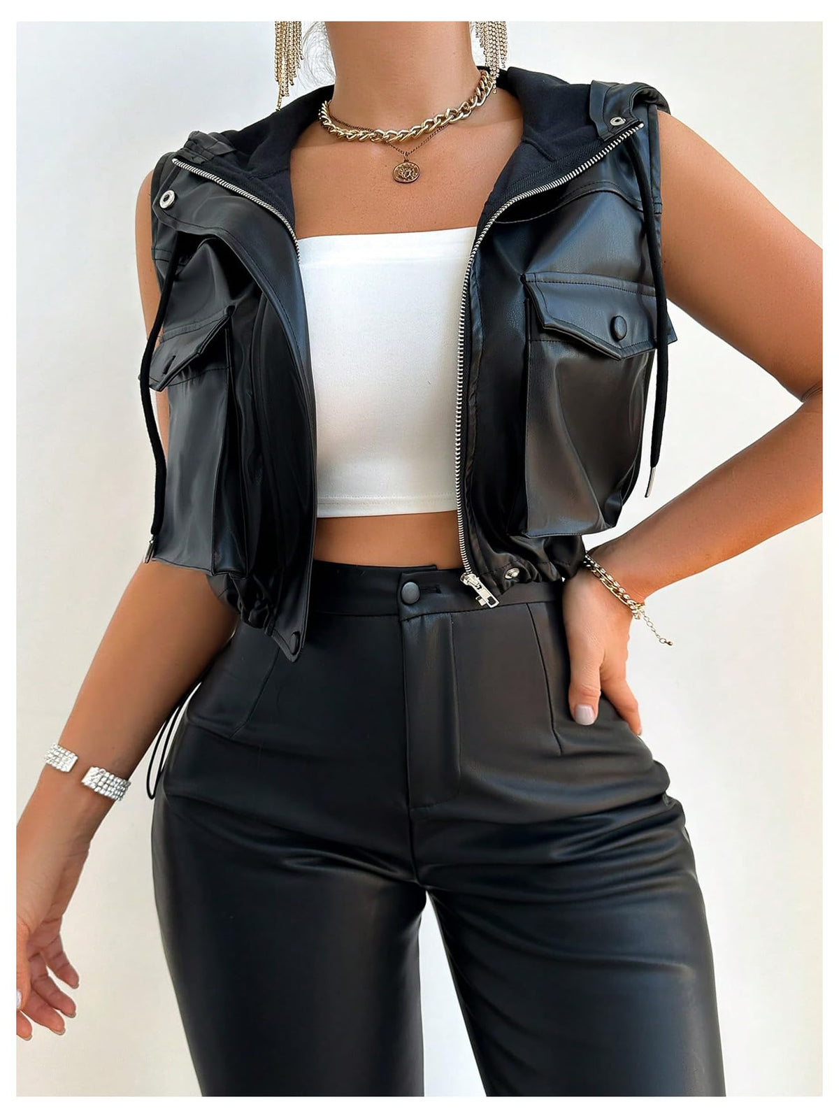 Verdusa Women's PU Leather Zip Up Cropped Vest Sleeveless Hooded Jacket with Pockets Black Medium
