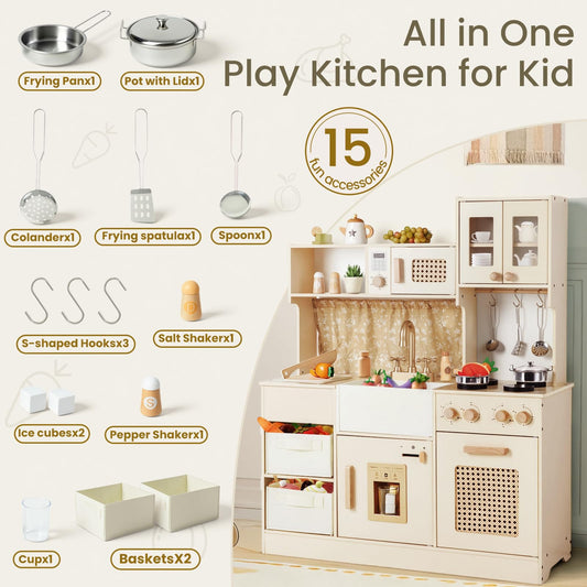 labebe Play Kitchen for Kids Indoor Pretend Play, Wood Toy Set with 2 Storage Boxes, Stove, Sink, Ice Maker, Pots and Pans, Kitchen Set for Cooking Play