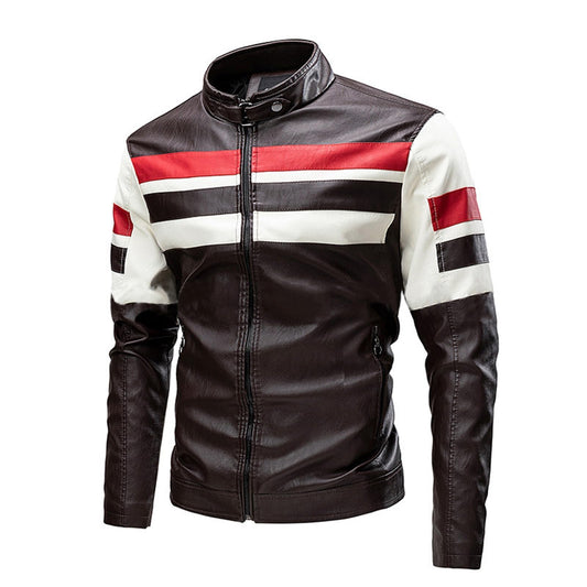 DMOYALA Men's Fall Trendy Full Zip Up Stand Collar Faux Leather Jacket Lightweight Casual Silm Fit Bomber Jackets 2023 Novelty Color Block Motorcycle Biker Coats Brown White and Red M