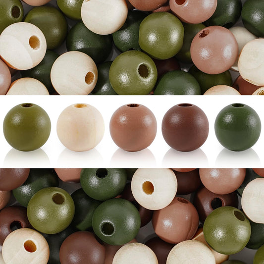 Whaline 240Pcs Christmas Wooden Beads Brown Green Beige Round Loose Bead Multi-Color Craft Beads for Xmas Holiday Tree Decor Garland Bracelet Pen DIY Making