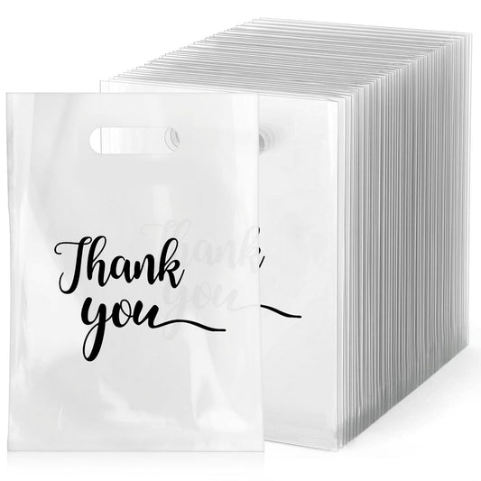Giloaou 200 Pcs Thank You Merchandise Bags, 8.1” x 11.82” White Plastic Shopping Bags with Die Cut Handles, Premium Retail Gift Bag for Small Business, Boutique, Party Favors & Craft Packaging