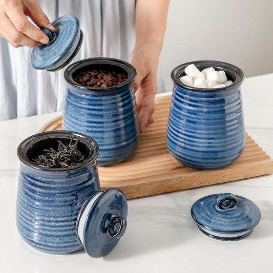 Tikooere Ceramic Food Storage Jars,25 Oz Porcelain Kitchen Canisters with Airtight Lids Set of 3,Flour Containers for Countertop,Farmhouse Decor Serving Ground Coffee,Tea,Sugar,Pasta and Rice,Blue