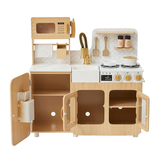Teamson Kids Little Chef Cyprus Play Kitchen Set for Toddlers with 14 Accessories, Wooden Toy Cooking Playset for Kids Ages 1-8, Montessori Cooking Station, Light Oak/White Pretend Kitchen
