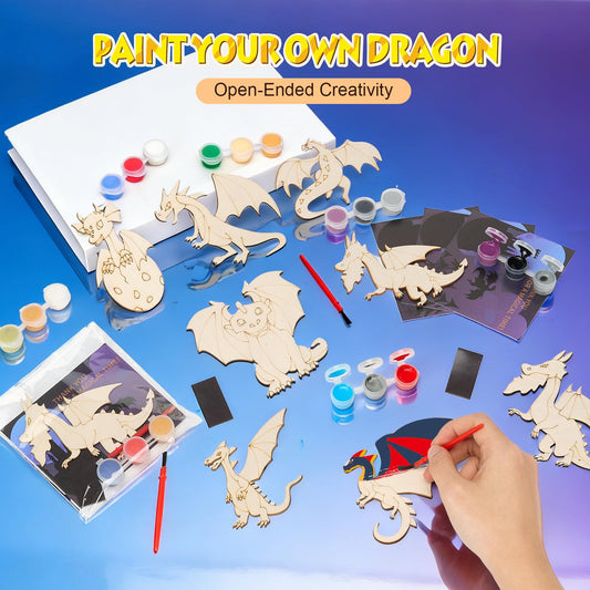 Dragon Party Favor Craft Kits - 24 Set Paint Your Own Wooden Dragon Magnet Painting Set with Thank You Cards, Birthday Decorations for Fantasy Parties, Goodie Bag Stuffers & Classroom Activities