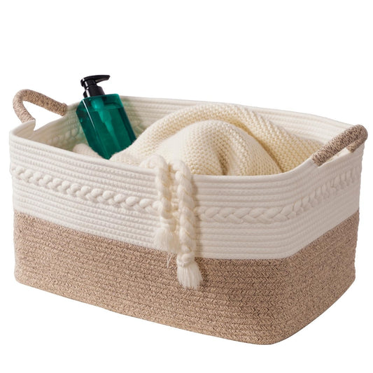 Decorative laundry basket with handles woven from natural cotton rope storage blankets for living room cute boho quilted gift baskets for clothes pillows toys 20"x14"x10",white/brown
