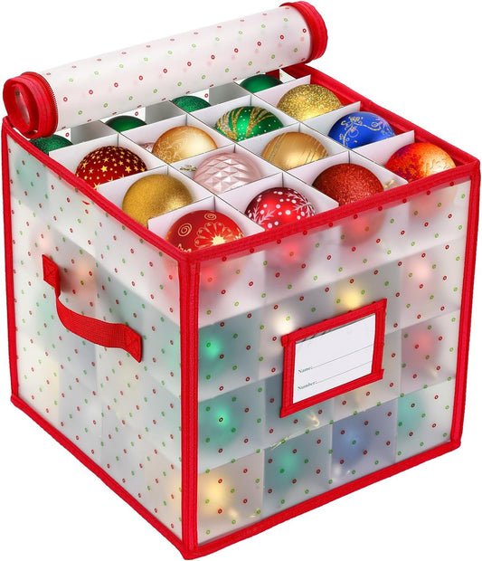 Christmas Tree Ball Organizer - Hard Plastic Ornament Storage Box for Up to 64 Ornaments