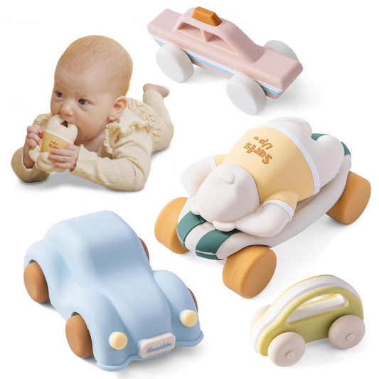 Moonkie Food Grade Silicone Toy Cars for Babies & Toddlers, Push and Go Baby Cars, Baby Teething Toys for 6-12 Months, Easy-to-Hold Hollow Body, Birthday Gift for Boys & Girls, 5 Pack