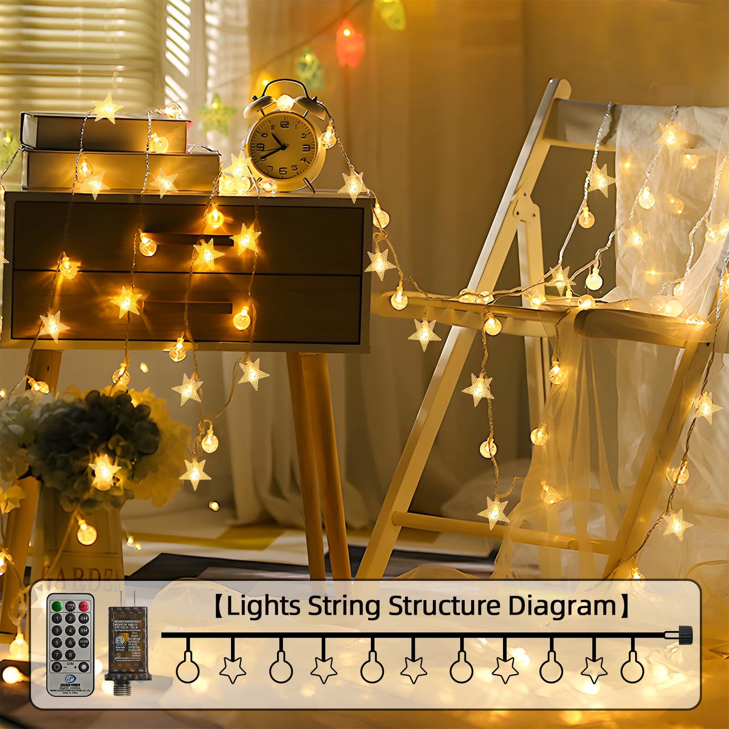 Crystal Globe & Star String Lights Plug in - 72 FT 160 LED Star Fairy String Lights with Remote Control Timer Waterproof Indoor Outdoor Hanging Globe Lights for Bedroom Wedding Party Patio Warm White