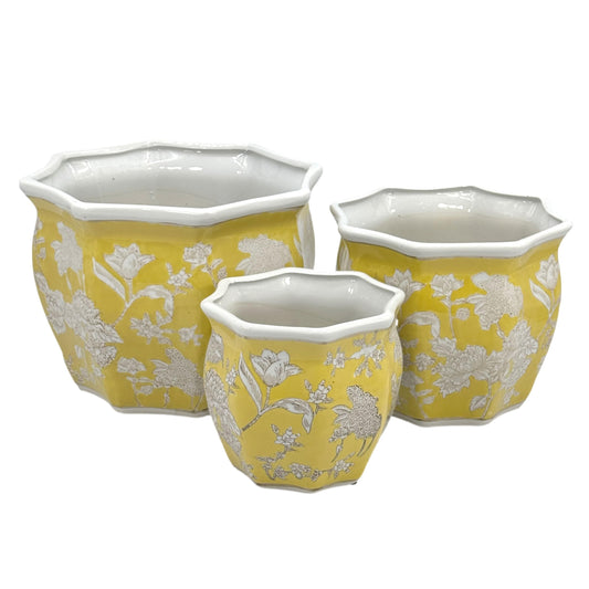 Galt International Yellow & White Round Fluted Floral Porcelain Ceramic Plant Flower Planter Pot Set of 3 (7.5", 10", 13") Garden Pots Chinese Asian Design