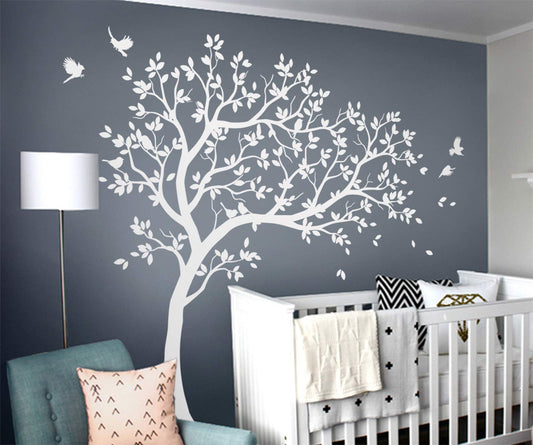 Large Tree Wall Decals Nursery Leaning Tree Stickers with Birds Wall Art Mural Vinyl Decor KW032 (Leaning Right, White)