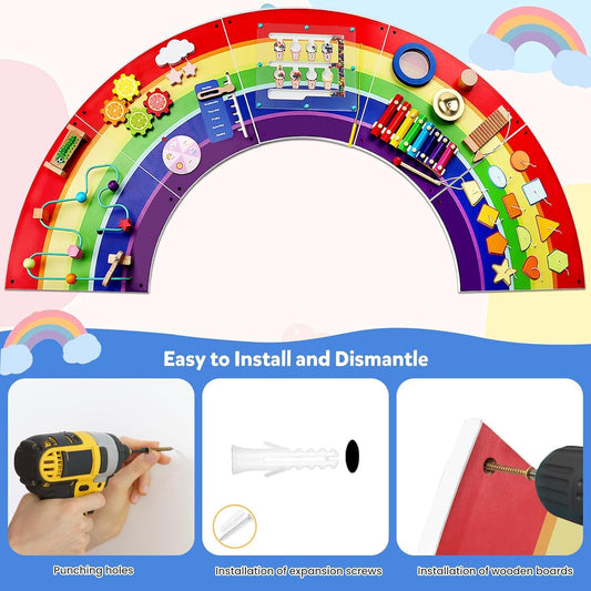 Sinpedex Rainbow Wall Busy Board for Kids: Wooden Montessori Activity Panel | 13-in-1 Sensory Learning Toys for Fine Motor Skills - Playroom & Nursery Essentials for Toddlers
