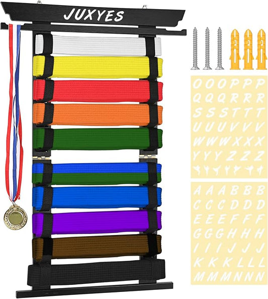 JUXYES Wall Hanging Martial Arts Belts Organizer for 10 Belts with Medal Hanger and Stickers, Bamboo Karate Belt Display Holder Rack, Taekwondo Belt Display Holder for Martial Arts Learners