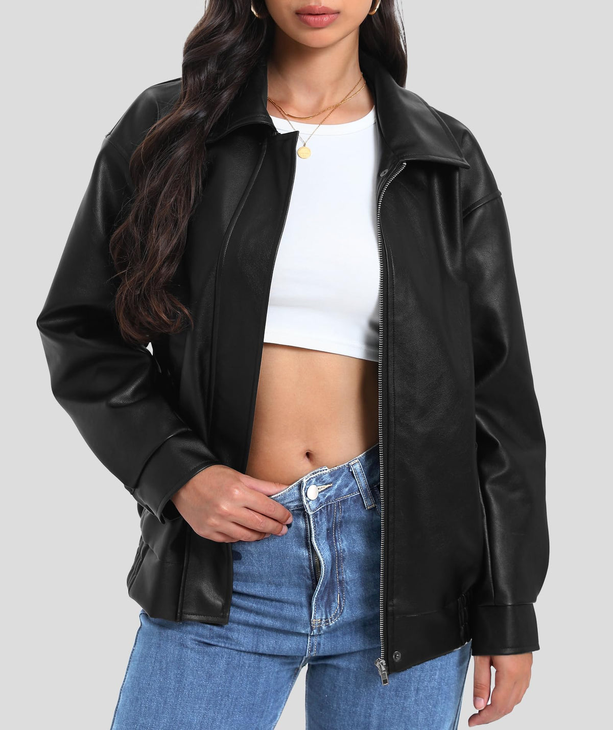 Casly Lamiit Womens Faux Leather Jacket Oversized Motorcycle Bomber Coat Winter Biker Black Jackets 2025 Trendy Street Clothes Black S