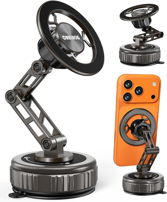 CRUIHOG Holder,3-AXIS 360 Car Phone Telescopic Arm Magnetic Phone Mount, Rotatable & Adjustable & Foldable Vacuum