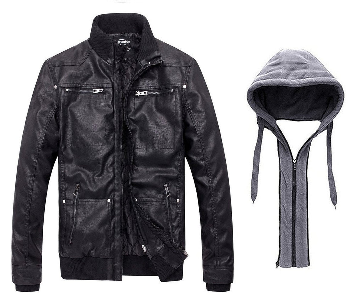 wantdo Men's Winter Warm Leather Jacket with Removable Hood Black Medium(Thick)