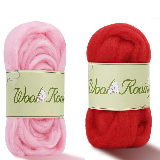 Wool Roving Yarn, 3.52oz Colored Natural Wool Roving,Wool Felting Supplies Pure Wool Chunky Yarn Wool for Needle Felting, Wet Felting, handcrafts and Spinning (Baby Pink+Red Color)