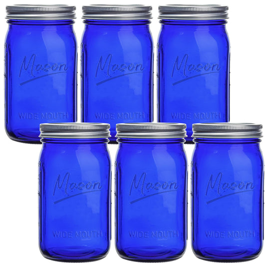 Galssmagic Blue Mason Jars 32 oz,6 Pack Wide Mouth Colored Quart Canning Jars with Airtight lids & Bands for Centerpieces,Fermenting,Pickling,Storage,DIY Crafts & Décor