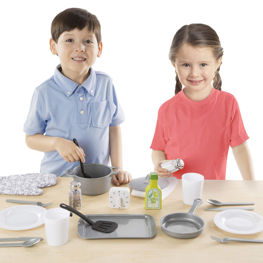 Melissa & Doug 22-Piece Play Kitchen Accessories Set with Play Food & Wooden Toys, Pot, Pans, Utensils & More, Preschool Learning Toys for Girls & Boys 3+