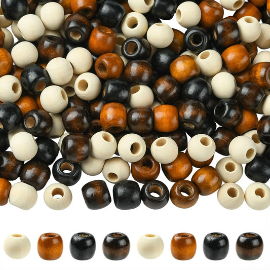 PONABEADIY 1 Box 400PCS 4 Colors 12MM Large Hole Barrel Wooden Beads Wood Dreadlock Hair Vintage Mixed Color Round Macrame Loose Spacer Charm Bead for Jewelry Making Bracelet Necklace Diy Craft Supply