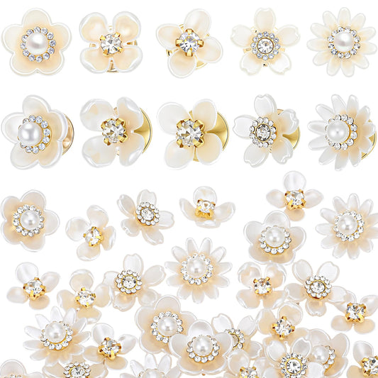 Trnayi 50 Pcs Flower Shape Pearl Rhinestone Brooch Embellishments Brooches and Pins for Women Lapel Pins No Sew Button Charms Accessories for Clothes Bags Wedding DIY Crafts, 5 Styles (Flower Style)