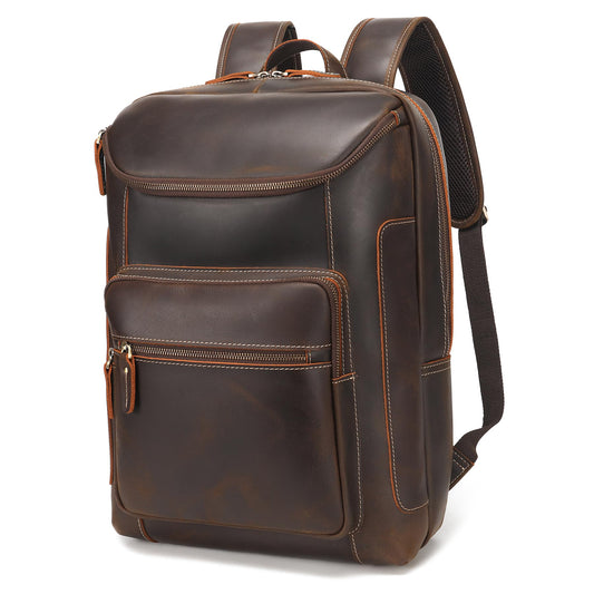 LANNSYNE Full Grain Leather Backpack For Men, 17" Laptop Backpack, Casual Outdoor Business Travel Rucksack, YKK Zippers