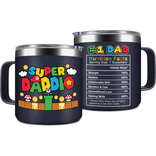 Gossby 14oz Super Daddio Travel Coffee Mug Tumbler - No. 1 Dad Nutrition Facts - Christmas, Fathers Day, Birthday Gift for Dad from Daughter Son Kid - Insulated Stainless Steel Cup with Handle