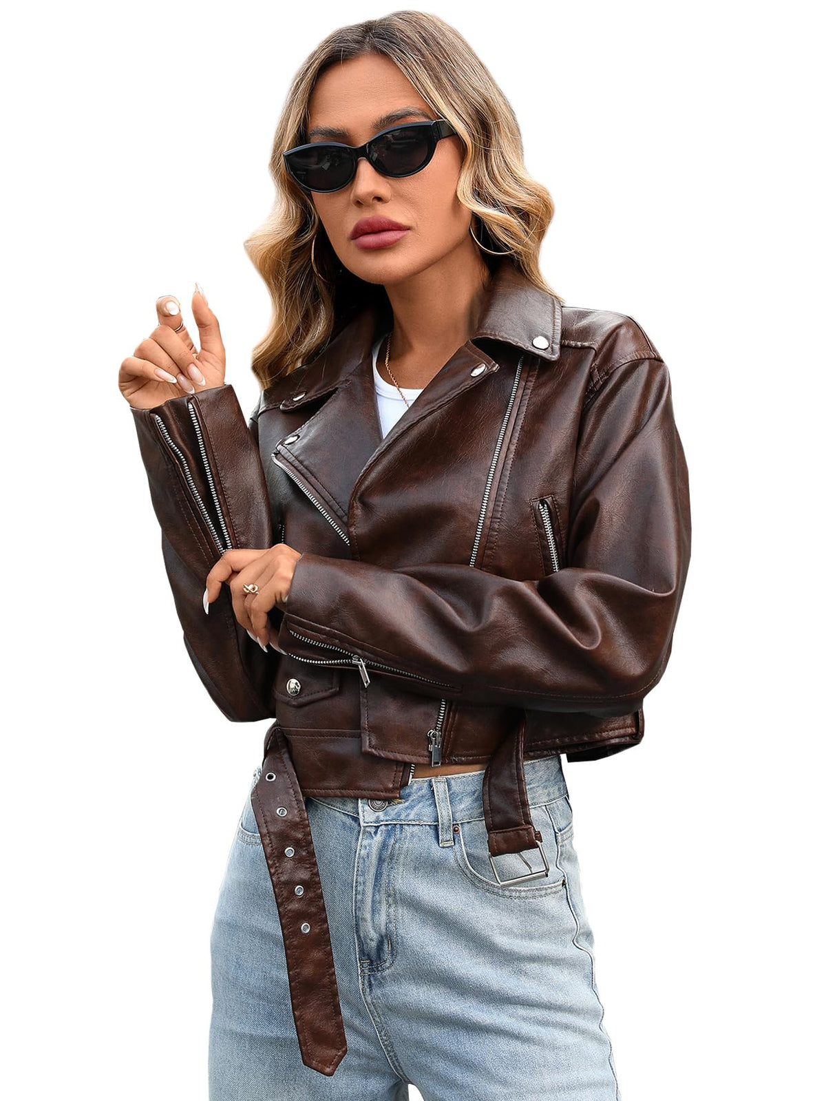 LY VAREY LIN Women Faux Leather Cropped Jacket Lapel Zipper Biker Short Coat with Belt